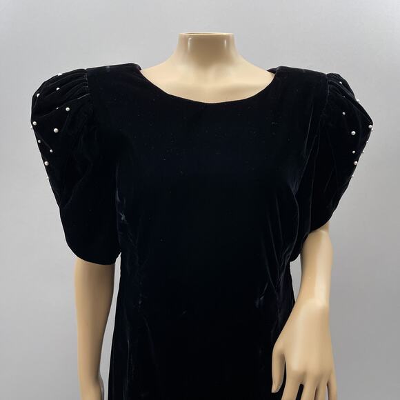 Michael Marcella Vtg 80s Dress Women 10 Black Velvet Gown Puff Pearl Sleeve NWT - Picture 2 of 11